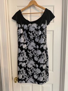 Tahari Black One-Shoulder Velvet Dress with Silver Floral Lace